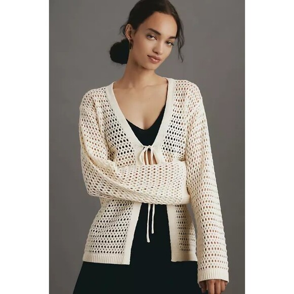 Anthropologie Sweaters - Flat White Anthropologie Women’s Crochet Cardigan OS NWT Butter Yellow Tie Front